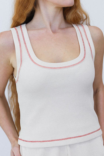 Waffle Square Crop Tank - Oat Milk w/ Paprika Stitch