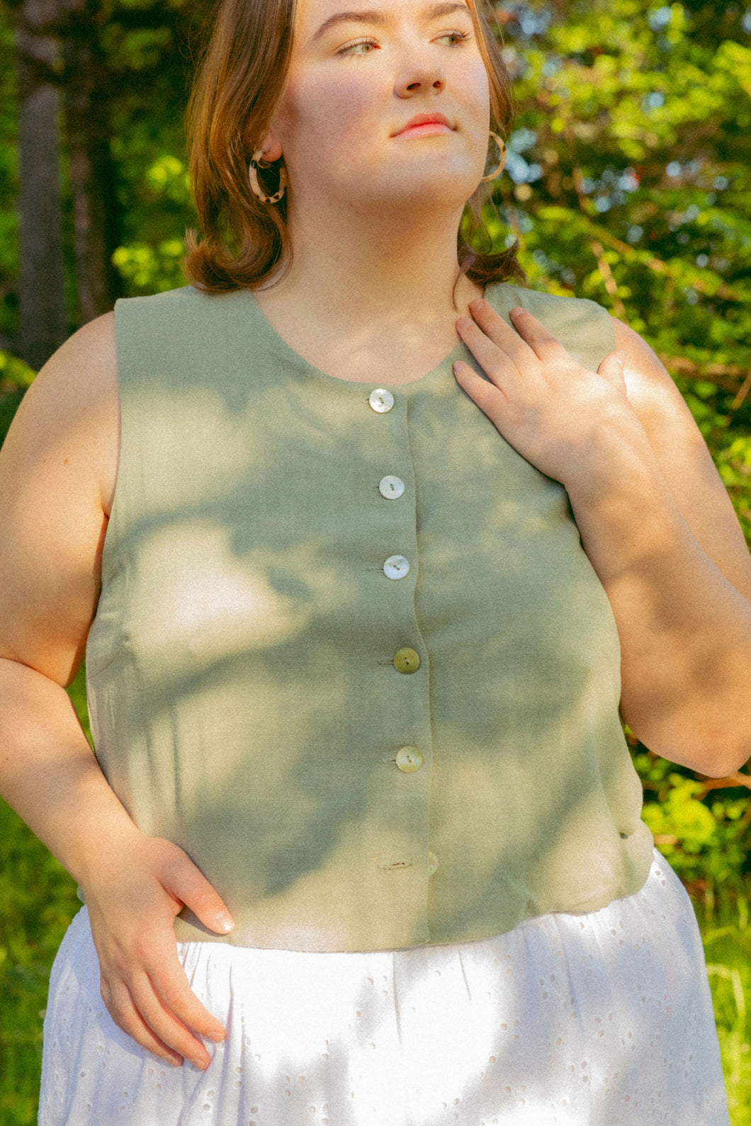 High Neck Linen Blend Vest - Sage