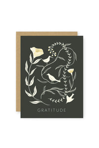 Gratitude note card with flowers and birds