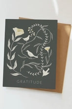 Load image into Gallery viewer, Black card with white birds and flowers and &#39;Gratitude&#39;