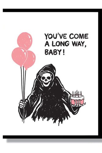 Birthday Card with Grim Reaper holding balloons and cake