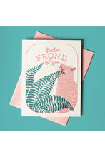 Load image into Gallery viewer, Pink cat chewing on green fern &quot;Rather Frond of You&quot; greeting card