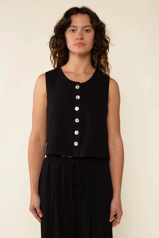 High Neck Linen Blend Vest - Black