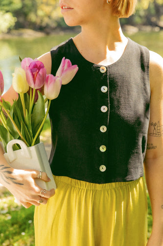 High Neck Linen Blend Vest - Black