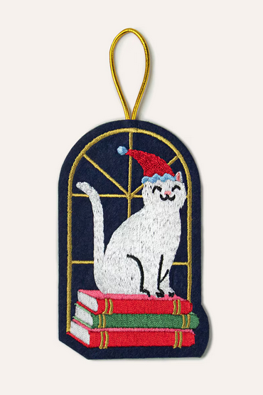 Book Stack Cat Embroidered Ornament