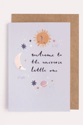 unisex illustrated new baby card with 'welcome to the universe little one'