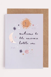 unisex illustrated new baby card with 'welcome to the universe little one'