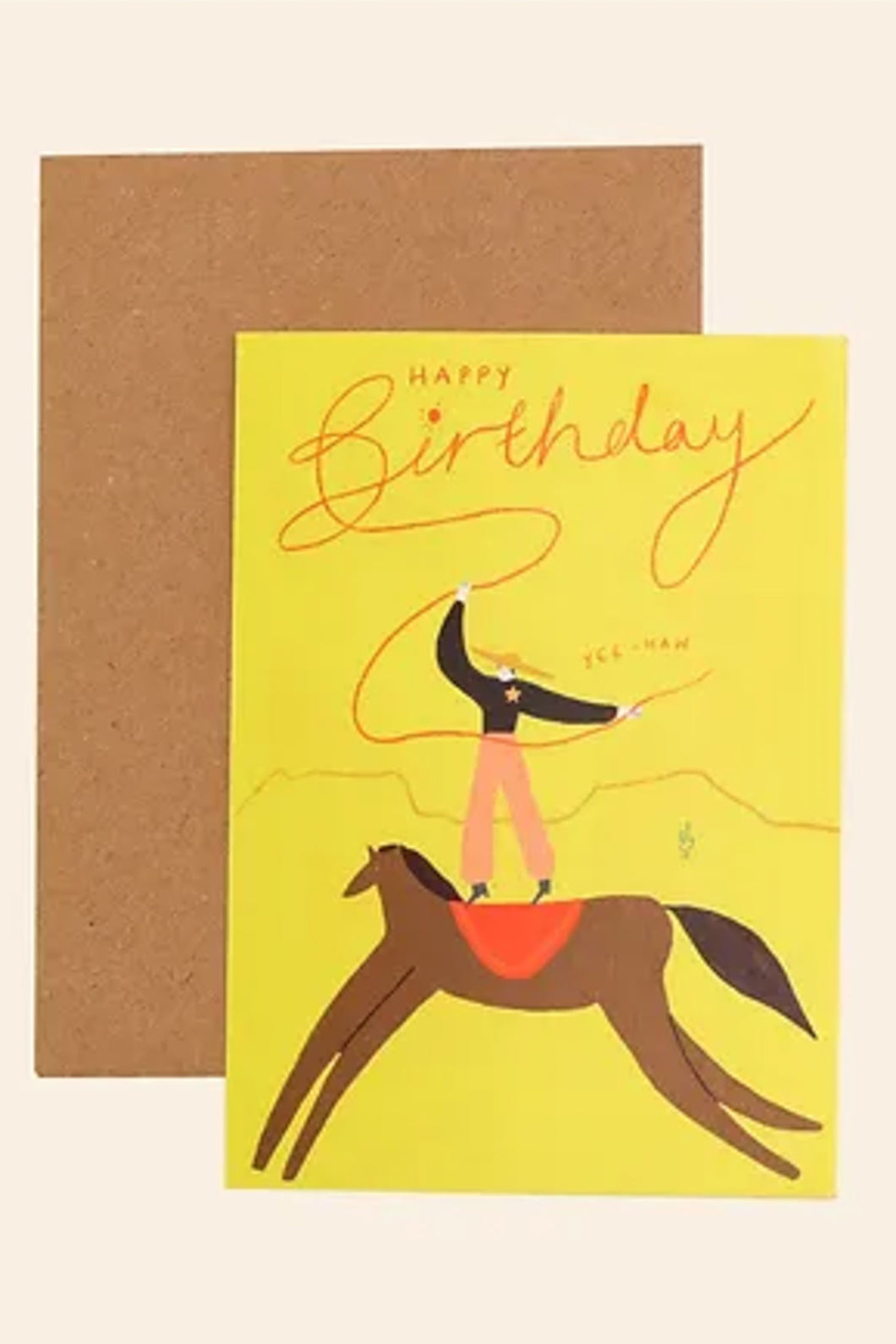 Happy Birthday Card with cowboy standing on horse with lasso