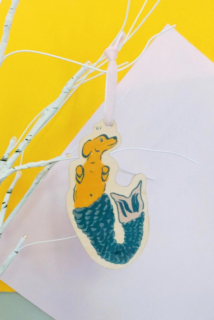 Wood Holiday Ornament - Mermaid Dog