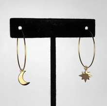 Load image into Gallery viewer, Sun and moon charm gold hoop earrings