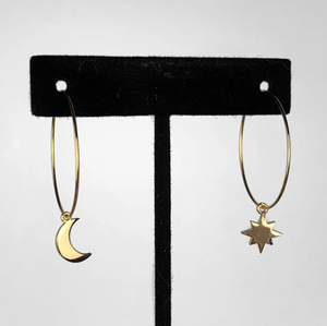 Sun and moon charm gold hoop earrings