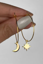 Load image into Gallery viewer, Moon and Sun Gold hoop earrings