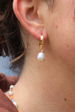 Load image into Gallery viewer, Pearl Drop Gold Hoop Earrings