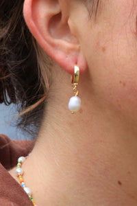 Pearl Drop Gold Hoop Earrings