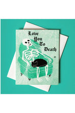 Load image into Gallery viewer, Skeleton on armchair greeting card
