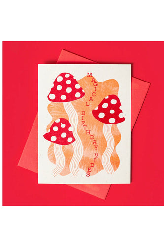 Magical Birthday Vibes Card with red mushrooms