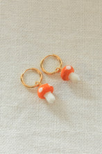 Load image into Gallery viewer, Gold Hoops with Orange Shroom