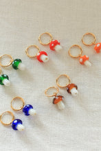 Load image into Gallery viewer, gold huggie hoops with different colour shrooms