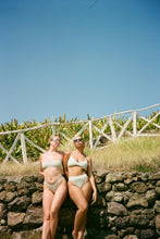 Load image into Gallery viewer, two models wearing light green gingham two piece bathing suits