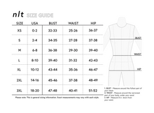Load image into Gallery viewer, NLT inclusive sizing chart from XS-3XL