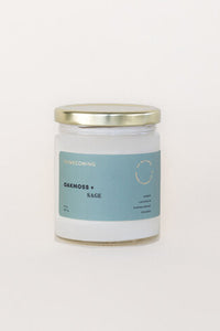Oakmoss and Sage Soy Wax Candles in jar with blue label
